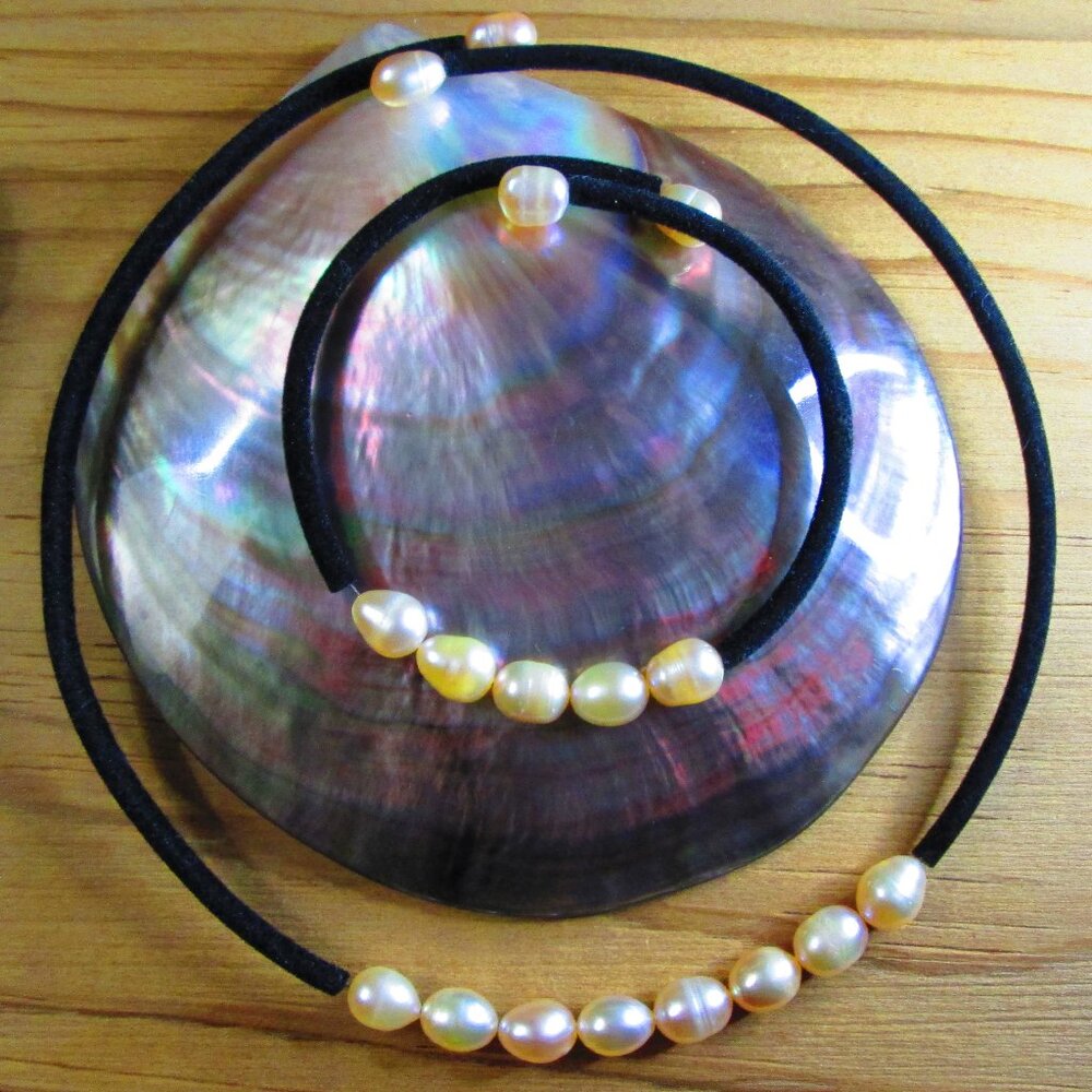 Blush Pink Freshwater Pearls Black Velvet Wire Choker and Bracelet Set